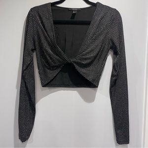 Black and Silver/Metallic Striped Cross V Neck Long Sleeve Crop Top - Large